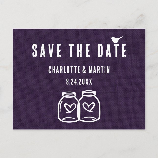 Rustic Purple Burlap Wedding Save The Date Announcement Postcard (Front)