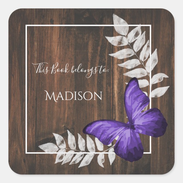 Rustic Purple Butterfly Book Sticker (Front)