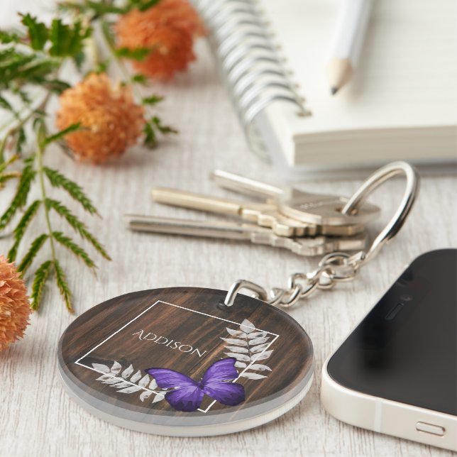 Rustic Purple Butterfly Personalised Keychain (Front Right)