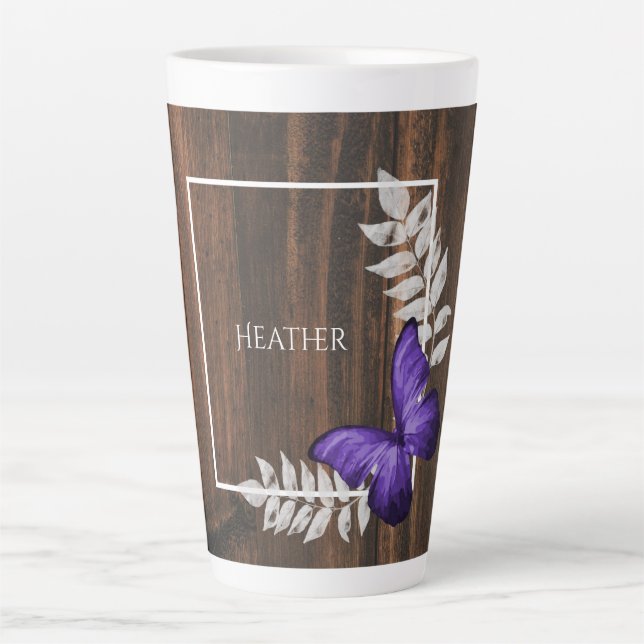 Rustic Purple Butterfly Personalised Latte Mug (Front)
