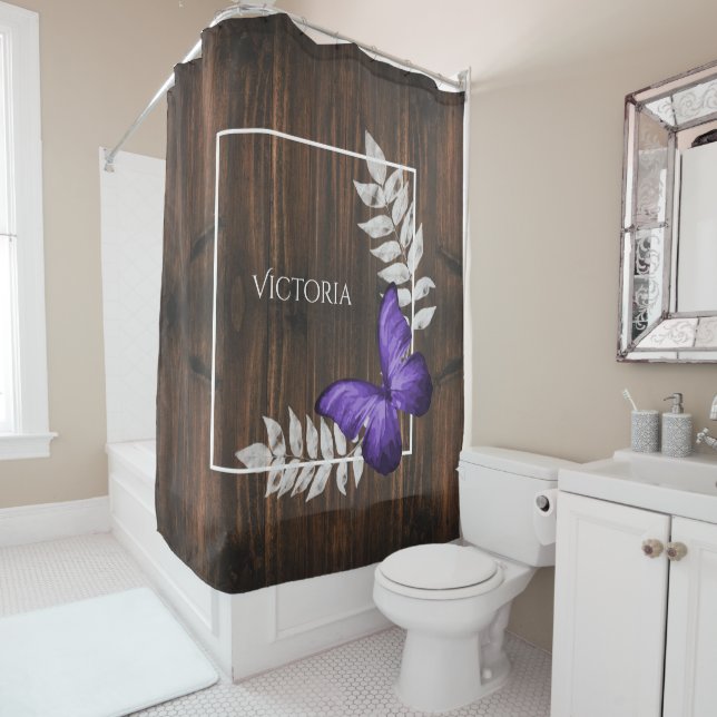 Rustic Purple Butterfly Personalised Shower Curtain (In Situ)