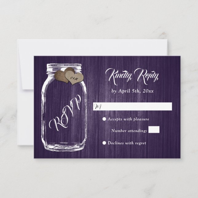 Rustic Purple Country Wood Heart Mason Jar Wedding RSVP Card (Front)