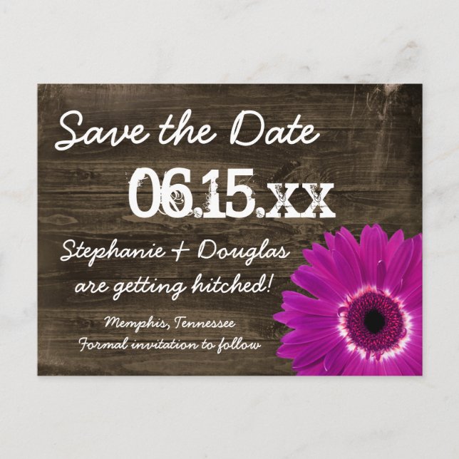 Rustic Purple Daisy Wood Save The Date Postcards (Front)
