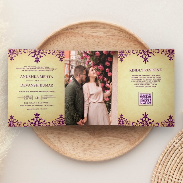 Rustic Purple Damask Ethnic QR Code Indian Wedding Tri-Fold Invitation (Creator Uploaded)