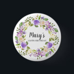Rustic Purple Floral 100th Birthday  3 Cm Round Badge<br><div class="desc">Purple and ivory white roses create a beautifully rustic floral wreath. The birthday woman's name is written in a large script font. 100th Birthday is below. This item is part of the Rustic Purple Floral Botanical 100th Birthday collection. It contains many DIY templates that let you quickly create invitations and...</div>