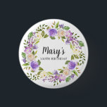 Rustic Purple Floral 100th Birthday  3 Cm Round Badge<br><div class="desc">Purple and ivory white roses create a beautifully rustic floral wreath. The birthday woman's name is written in a large script font. 100th Birthday is below. This item is part of the Rustic Purple Floral Botanical 100th Birthday collection. It contains many DIY templates that let you quickly create invitations and...</div>