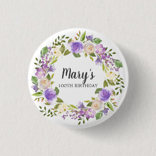 Rustic Purple Floral 100th Birthday  3 Cm Round Badge