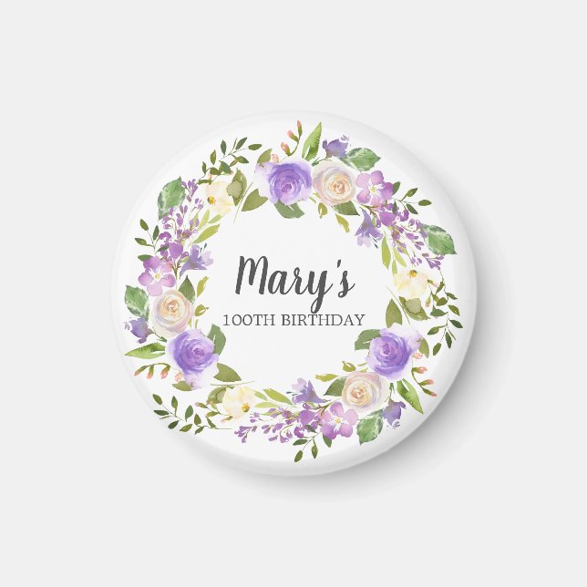 Rustic Purple Floral 100th Birthday Favour Magnet (Front)