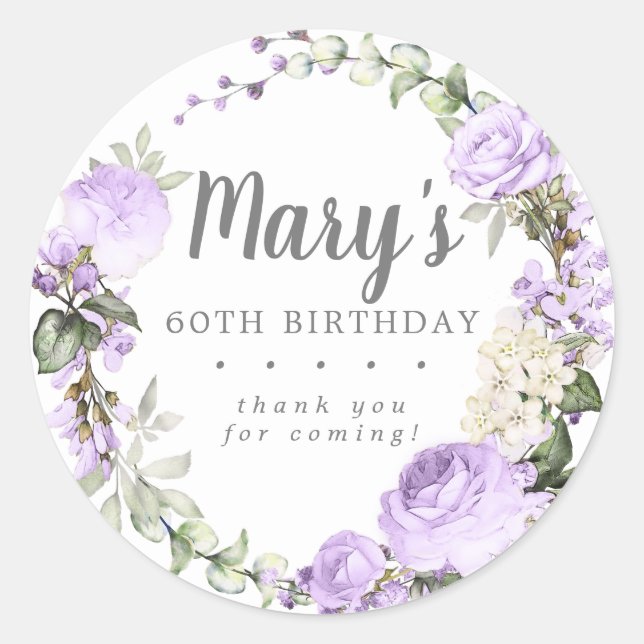 Rustic Purple Floral 60th Birthday Thank You Classic Round Sticker (Front)