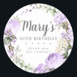 Rustic Purple Floral 60th Birthday Thank You Classic Round Sticker<br><div class="desc">Soft purple roses and bright purple buds create a beautifully rustic floral wreath. White hydrangeas at to the floral bloom. The birthday woman's name is written in a large script font. 60th Birthday and the thank you sentiment follow. This birthday sticker is part of the 60th Birthday Violette collection. It...</div>