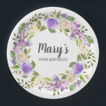 Rustic Purple Floral 70th Birthday Paper Plate<br><div class="desc">Purple and ivory white roses create a beautifully rustic floral wreath. The birthday woman's name is written in a large script font. 80th Birthday is below. This item is part of the Rustic Purple Floral Botanical 70th Birthday collection. It contains many DIY templates that let you quickly create invitations and...</div>