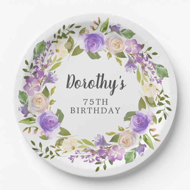 Rustic Purple Floral 75th Birthday Paper Plate (Front)