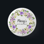 Rustic Purple Floral 80th Birthday Button<br><div class="desc">Purple and ivory white roses create a beautifully rustic floral wreath. The birthday woman's name is written in a large script font. 80th Birthday is below. This item is part of the Rustic Purple Floral Botanical 80th Birthday collection. It contains many DIY templates that let you quickly create invitations and...</div>