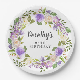 Rustic Purple Floral 85th Birthday Paper Plate