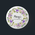 Rustic Purple Floral 90th Birthday 3 Cm Round Badge<br><div class="desc">Purple and ivory white roses create a beautifully rustic floral wreath. The birthday woman's name is written in a large script font. 90th Birthday is below. This item is part of the Rustic Purple Floral Botanical 90th Birthday collection. It contains many DIY templates that let you quickly create invitations and...</div>