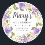 Rustic Purple Floral 90th Birthday Thank You Classic Round Sticker<br><div class="desc">Purple and ivory white roses create a beautifully rustic floral wreath. The birthday woman's name is written in a large script font. 90th Birthday and the thank you sentiment follow. This birthday sticker is part of the Rustic Purple Floral Botanical 90th Birthday collection. It contains many DIY templates that let...</div>
