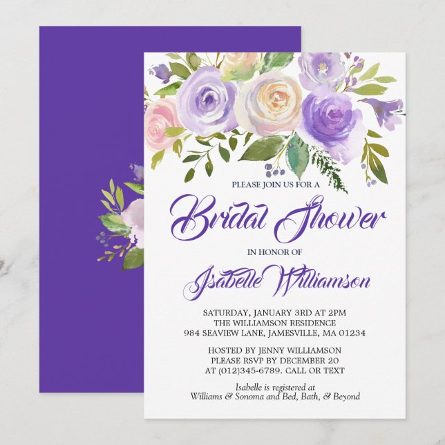 Rustic Purple Floral Bridal Shower Invitation (Front/Back)