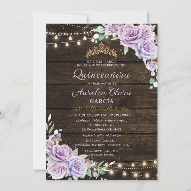 Rustic Purple Floral Enchanted Forest Quinceanera Invitation (Front)