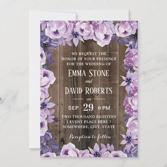 Rustic Purple Floral Frame Elegant Barn Wedding Invitation (Front)