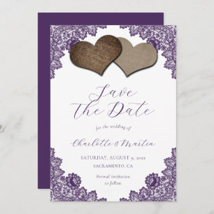 Rustic Purple Floral Lace Burlap Hearts Wedding Save The Date