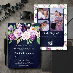Rustic Purple Floral Navy Blue QR Code Wedding Invitation