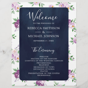 Rustic Purple Floral Navy Blue Wedding Program