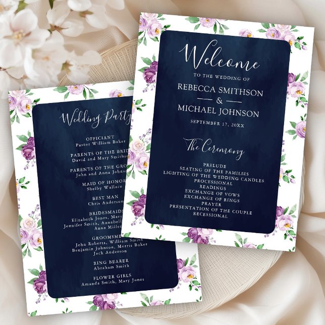 Rustic Purple Floral Navy Blue Wedding Program (Creator Uploaded)