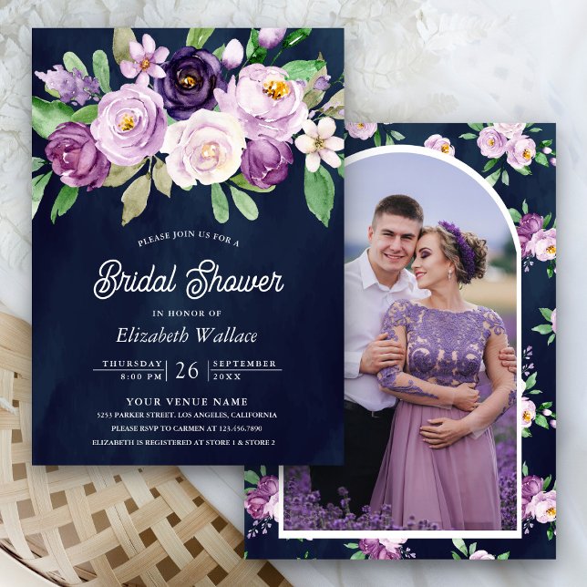 Rustic Purple Floral Photo Navy Blue Bridal Shower Invitation (Creator Uploaded)