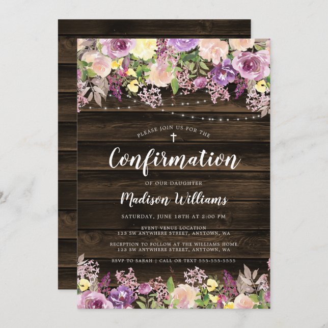 Rustic Purple Floral String Light Confirmation Invitation (Front/Back)