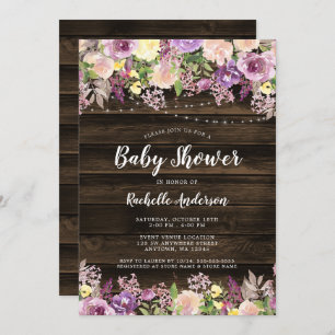 Rustic Purple Floral String Light Girl Baby Shower Invitation