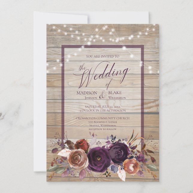Rustic Purple Floral String Light Script Wedding Invitation (Front)