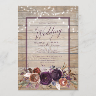 Rustic Purple Floral String Light Script Wedding Invitation