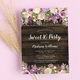 Rustic Purple Floral String Lights Sweet 16 Invitation