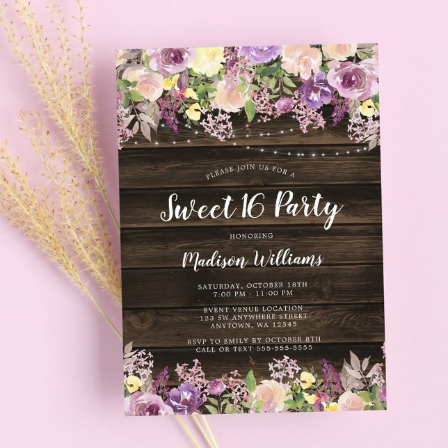 Rustic Purple Floral String Lights Sweet 16 Invitation (Creator Uploaded)