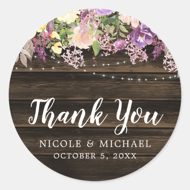 Rustic Purple Floral String Lights Wedding Classic Round Sticker (Front)