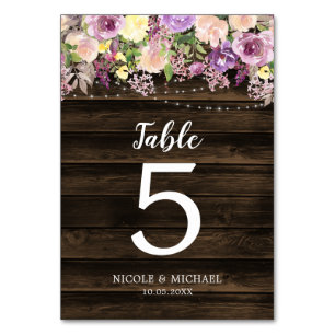 Rustic Purple Floral String Lights Wedding Table Number