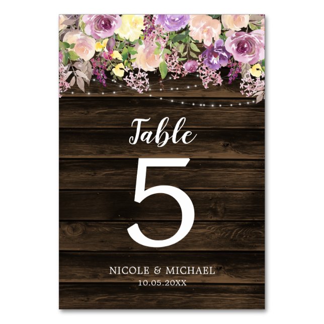 Rustic Purple Floral String Lights Wedding Table Number (Front)