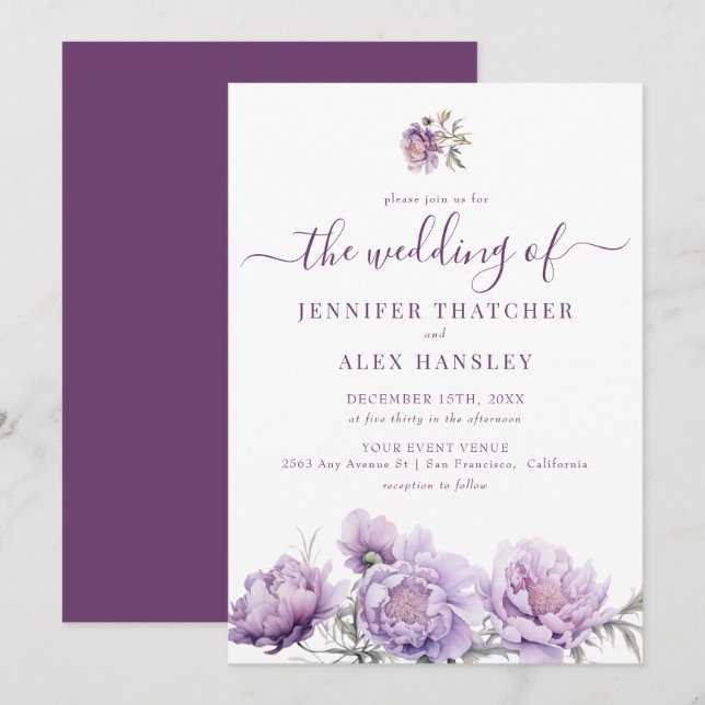 Rustic Purple Floral Wedding Invitation (Front/Back)