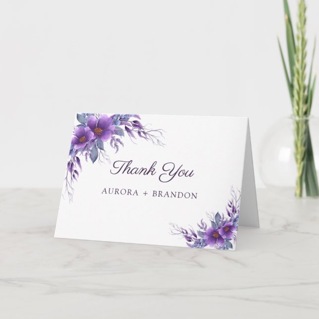 Rustic Purple Floral Wedding Thank You Card (Front)