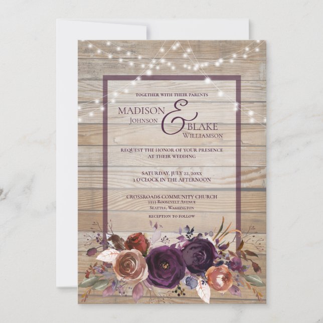 Rustic Purple Floral Wood String Light Wedding Invitation (Front)
