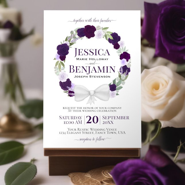 Rustic Purple Floral Wreath Elegant Boho Wedding Invitation (Creator Uploaded)