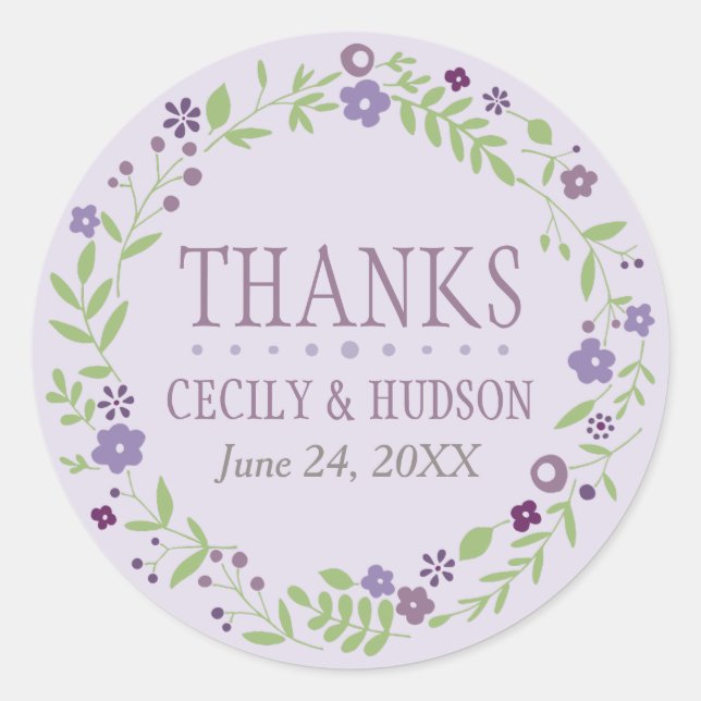 Rustic Purple Floral Wreath Monogram Classic Round Sticker (Front)