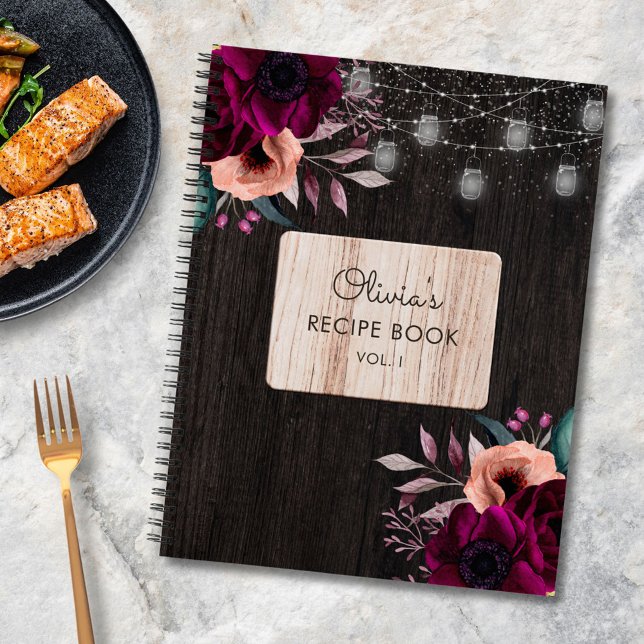 Rustic Purple Flowers Wood Light Recipe Cookbook Notebook (In situ)