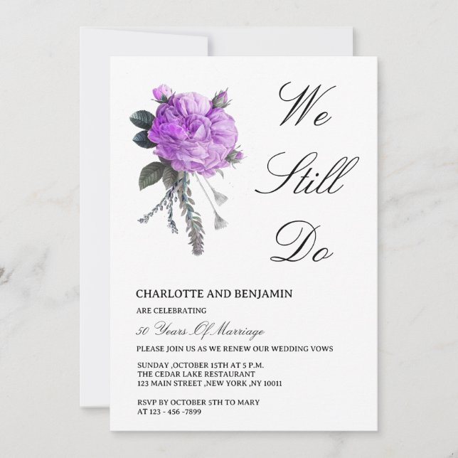 Rustic Purple French Rose & Peony Vow Renewal  Invitation (Front)