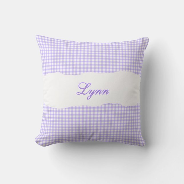 Rustic Purple Gingham Personalized Name Cushion (Front)