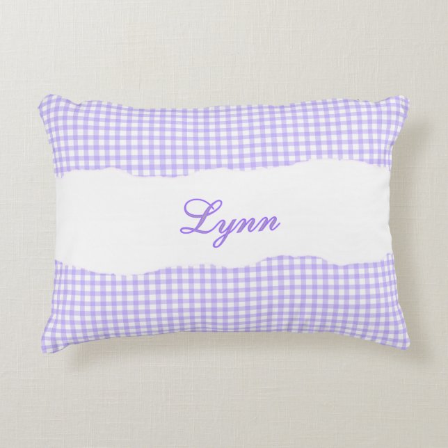 Rustic Purple Gingham Personalized Name Decorative Cushion (Front)
