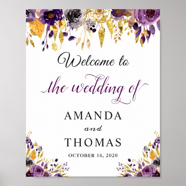 Rustic Purple Gold Floral Wedding Welcome Sign (Front)