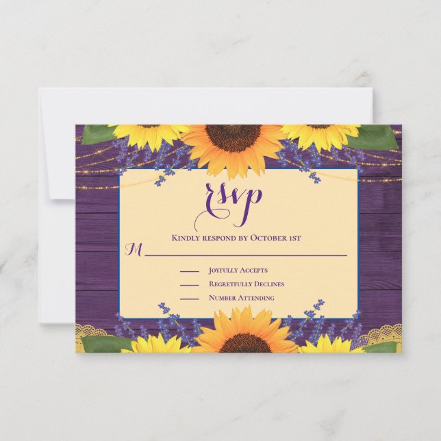 Rustic Purple Gold Lace Sunflower Wedding RSVP (Front)