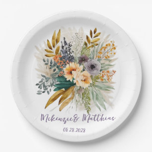 Rustic Purple Gold Peony Fall Wedding Paper Plate