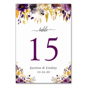 Rustic Purple Gold Watercolor Floral Wedding Table Number